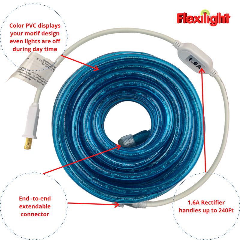 Flextec Rope Lighting Flexilight 12Ft LED Rope Light 120V 2-Wire 1/2” 13mm Diameter Extendab