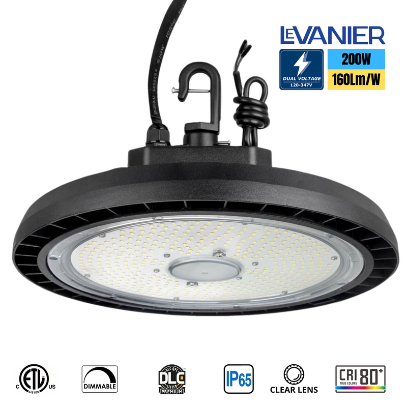 LeVanier 4-Pack 100-347V 200W UFO LED High Bay Lights - 32,000 Lumens, 160 Lm/W, Dimmable, IP65 Rated, 5Ft Cable, DLC Certified, Day Light 5000K