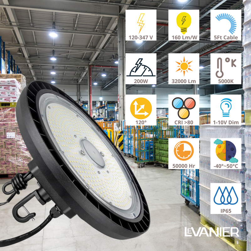 LeVanier 4-Pack 100-347V 200W UFO LED High Bay Lights - 32,000 Lumens, 160 Lm/W, Dimmable, IP65 Rated, 5Ft Cable, DLC Certified, Day Light 5000K