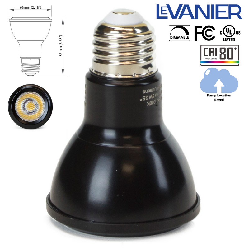 LeVanier 8-Pack Black LED PAR20 8W 50W Equivalent CRI83 Warm White Damp Location Dimmable 25,000 Hours LED Light Bulb E26 Base | 3000K